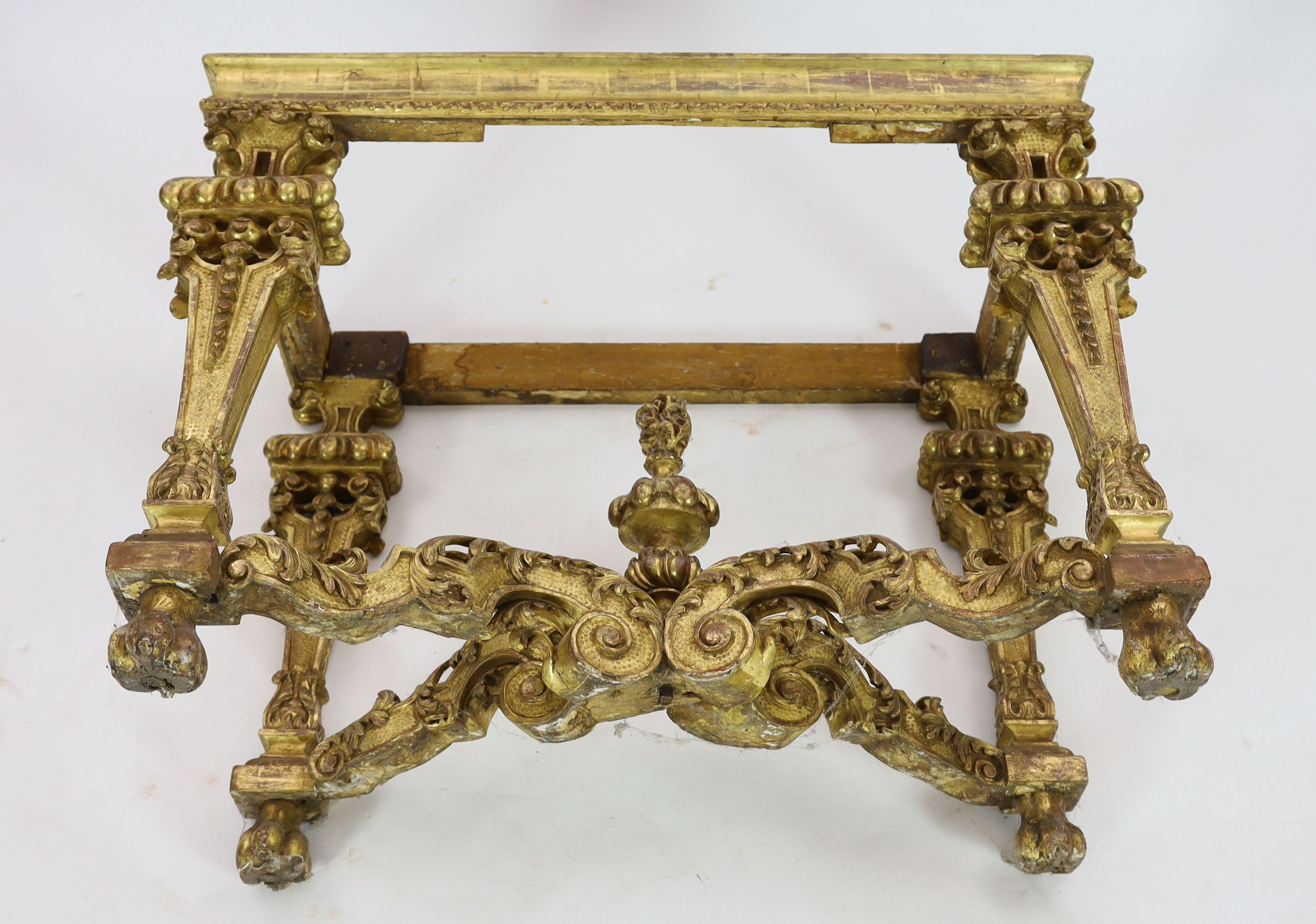 A Louis XIV period carved giltwood console table, W.108cm D.56cm H.82cm